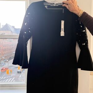 Elie Tahari Black Long-Sleeve Dress with Lace Cutout Bell Sleeves
